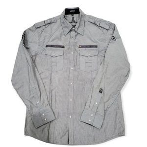 Roar Mens Gray Embroidered Shoulder Strap Pearl Snap Button Front Shirt Size XL